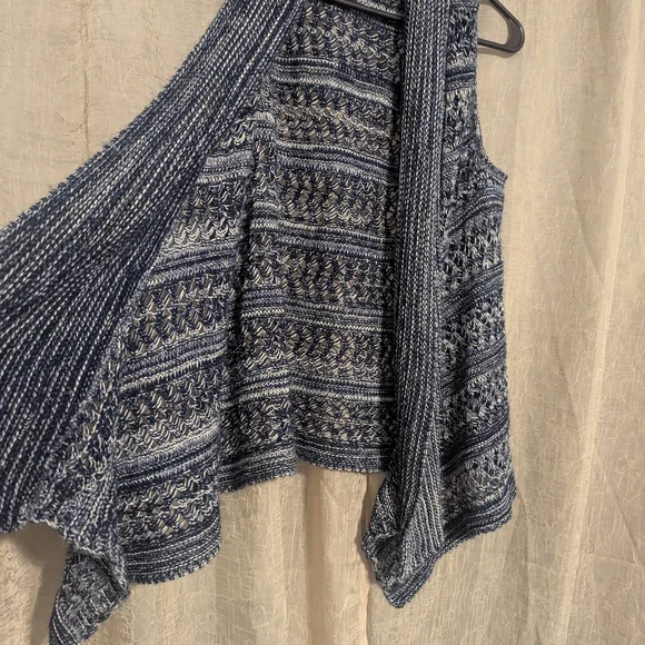 44. Cozy Blue and White Knit Poncho Sweater - Picture 3 of 6